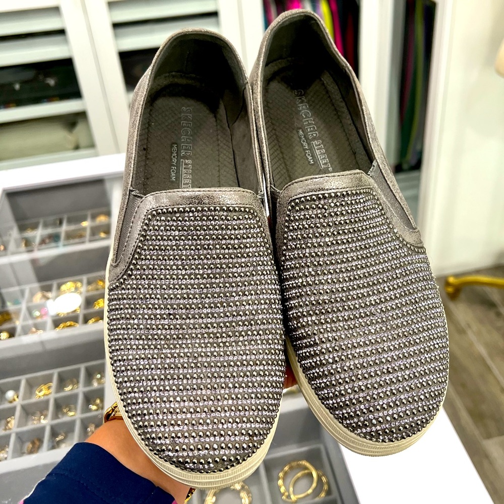 Metallic + Beaded Skechers Street Memory Foam Slip on Sneakers